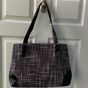 BonTon Pink Black Tweed Tote Bag w/ a Ribbon Bag Charm 15” x 11”